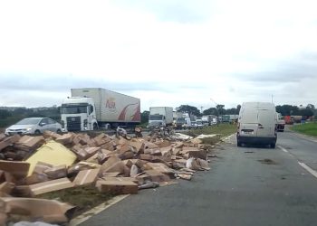 Em Pouso Alegre carreta com 23 toneladas de peixe congelado tomba na Fernão Dias