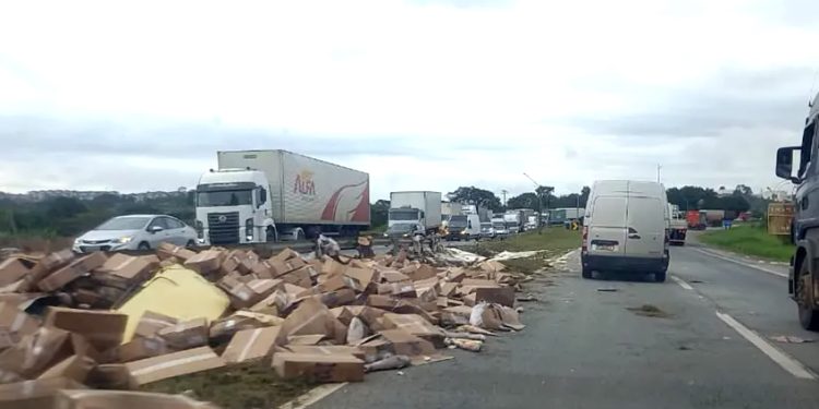 Em Pouso Alegre carreta com 23 toneladas de peixe congelado tomba na Fernão Dias