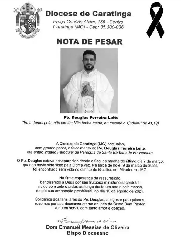 Padre Douglas Leite desaparecido é encontrado morto no interior de Minas