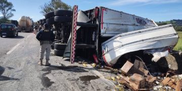 Em Pouso Alegre carreta tomba na Fernão Dias, saqueadores são presos pela PRF